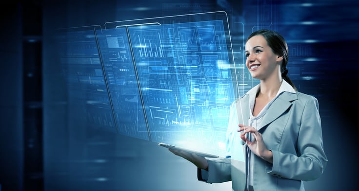 Childcare educator with tablet pc against high tech blue background