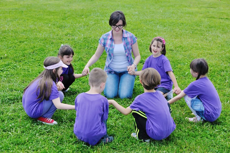 happy preschool  kids group have fun and play game  on outdoor classes in nature