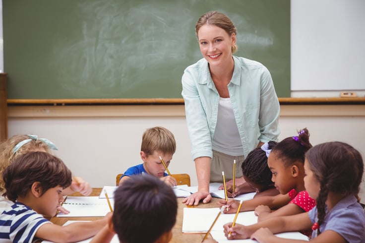 Teacher and pupils working at desk together at the elementary school