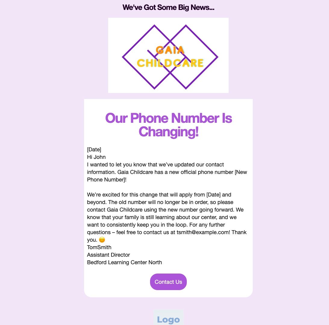 New Phone Number Announcement Message Template