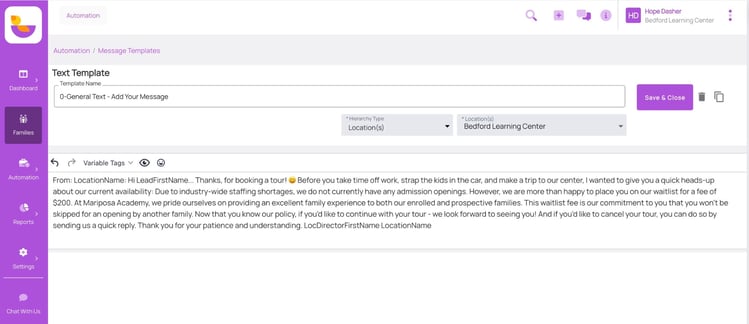 text template for waitlisted families - requesting daycare waitlist fees